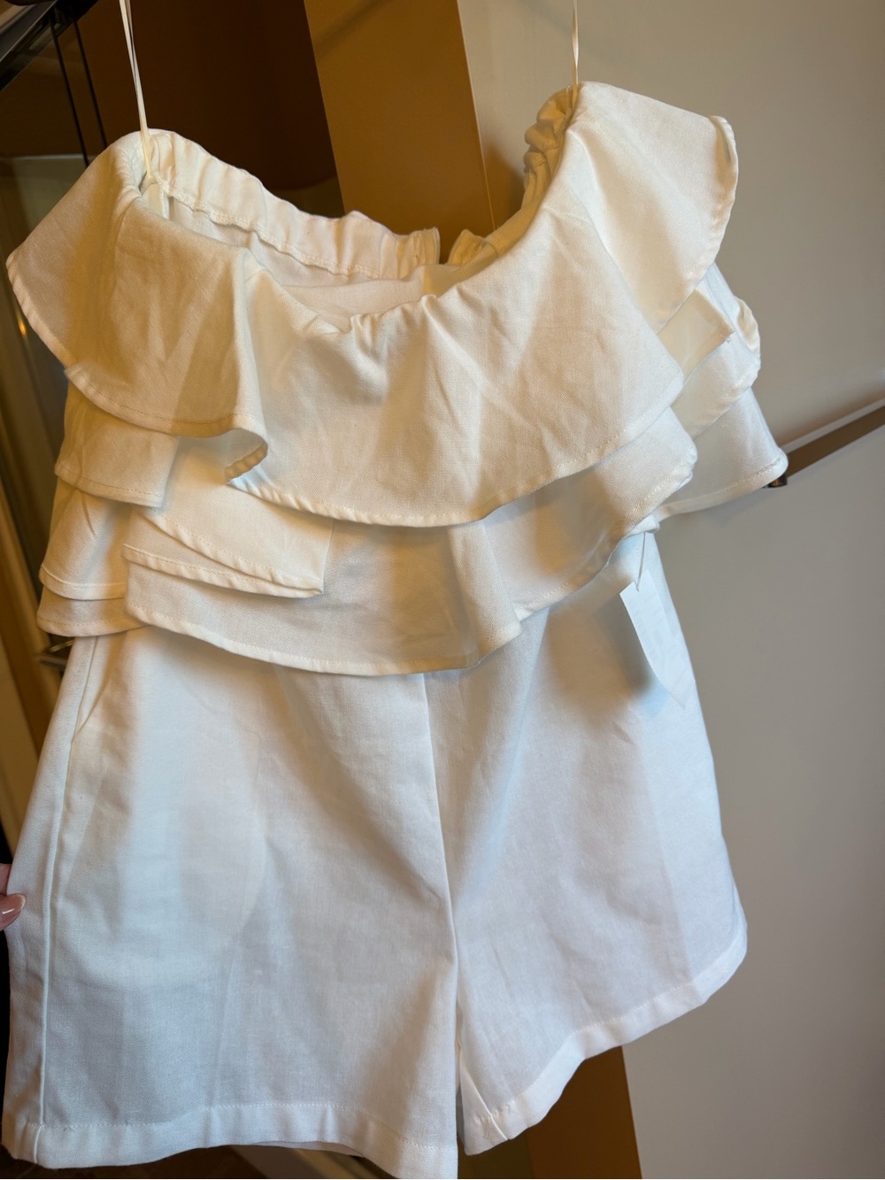 High-Waist White Ruffle Shorts with Off-Shoulder Overlay